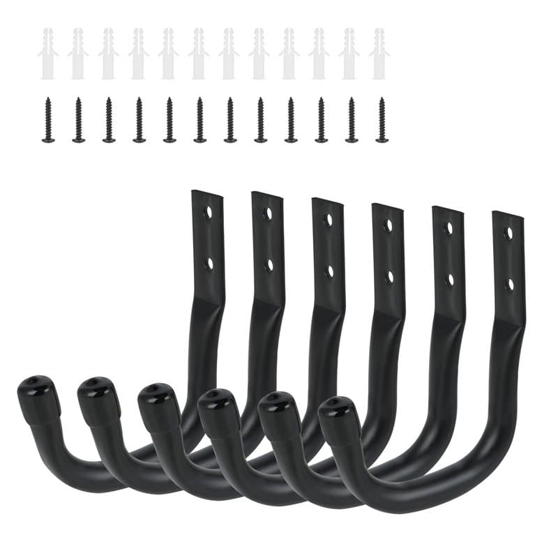 6 crochets muraux - support vélo mural robuste, porte-vélo mural noir pour garage, crochets en J pour échelle, rangement vélos,