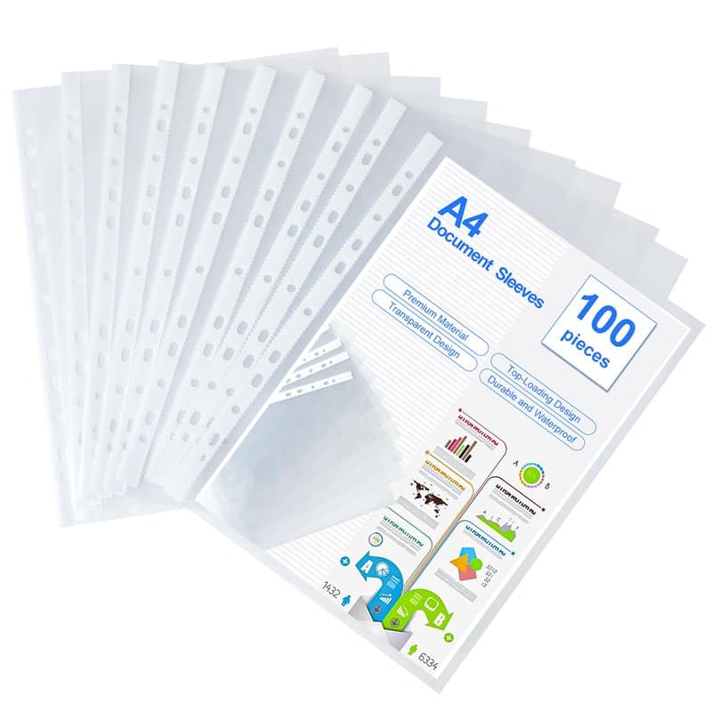 100 Pochettes Perforée Perforées A4 Pochettes Transparentes Pochettes en plastique PP pour la conservation et la protection des