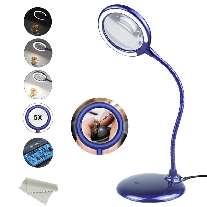 Delixike Lampe loupe rechargeable à intensité variable 5x - Mains libres avec lumière et support 28 LED Pour personnes âgées, fa
