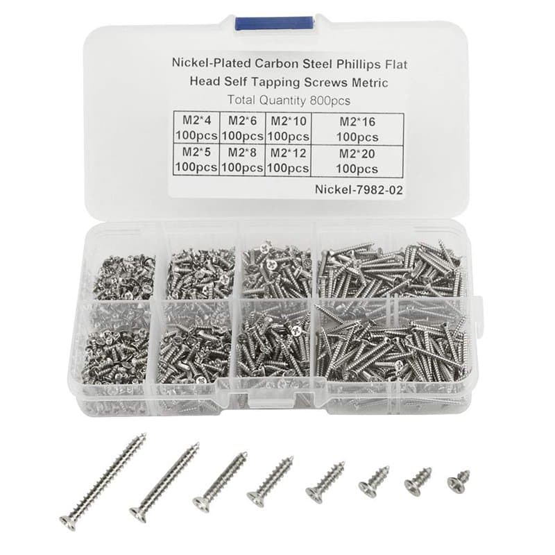 WMYCONGCONG Assortiment de 800 mini vis à bois M2 Philips à tête plate en acier au carbone nickelé avec boîte (argent)