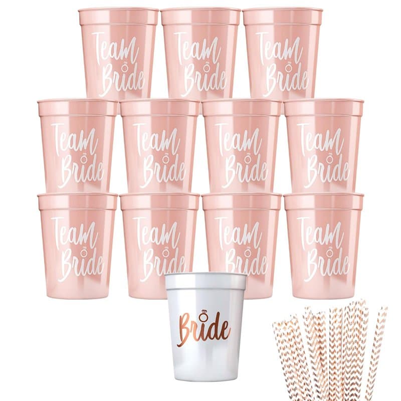 Lot de 12 gobelets Team Bride JGA réutilisables avec 6 modèles de pailles pour enterrement de vie de jeune fille, enterrement de