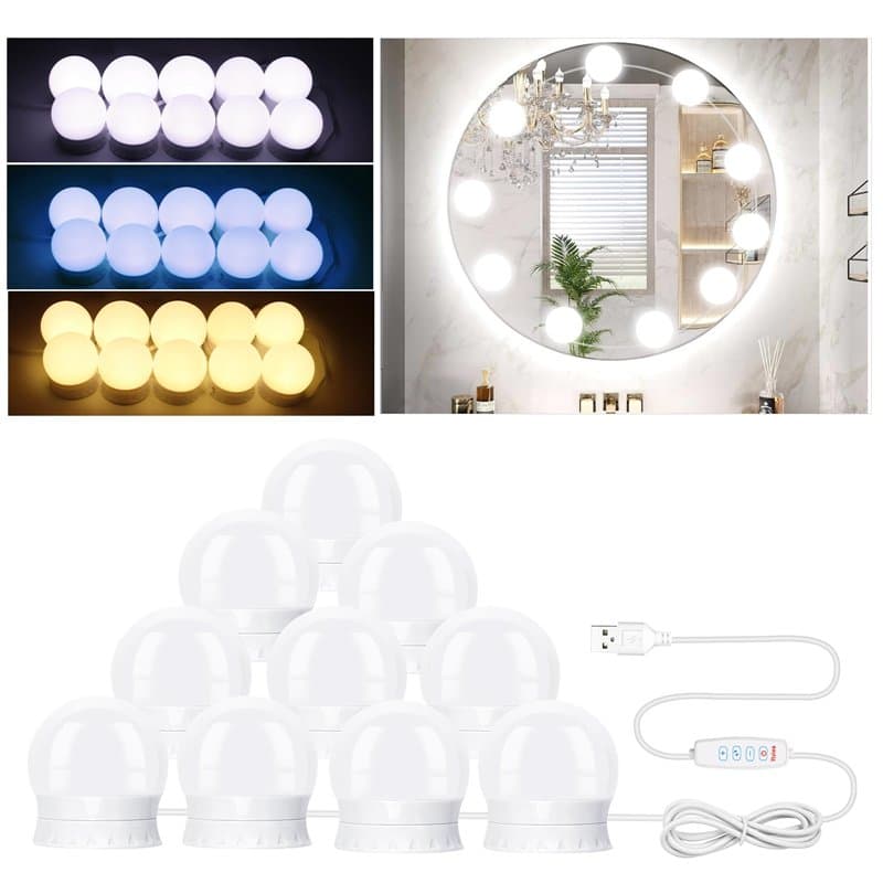 NVIYAM 10 LED lumiere Miroir, Lumiere Coiffeuse - 3 couleurs, Led Coiffeuse, Style Hollywoodien, Lampe de Maquillage, éclairage