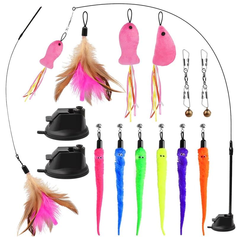 winbarry Jouet pour Chat, Jouets pour Chat intérieur, 13 Pièces Jouet à Plumes pour Chats, Peche Chat avec Ventouse