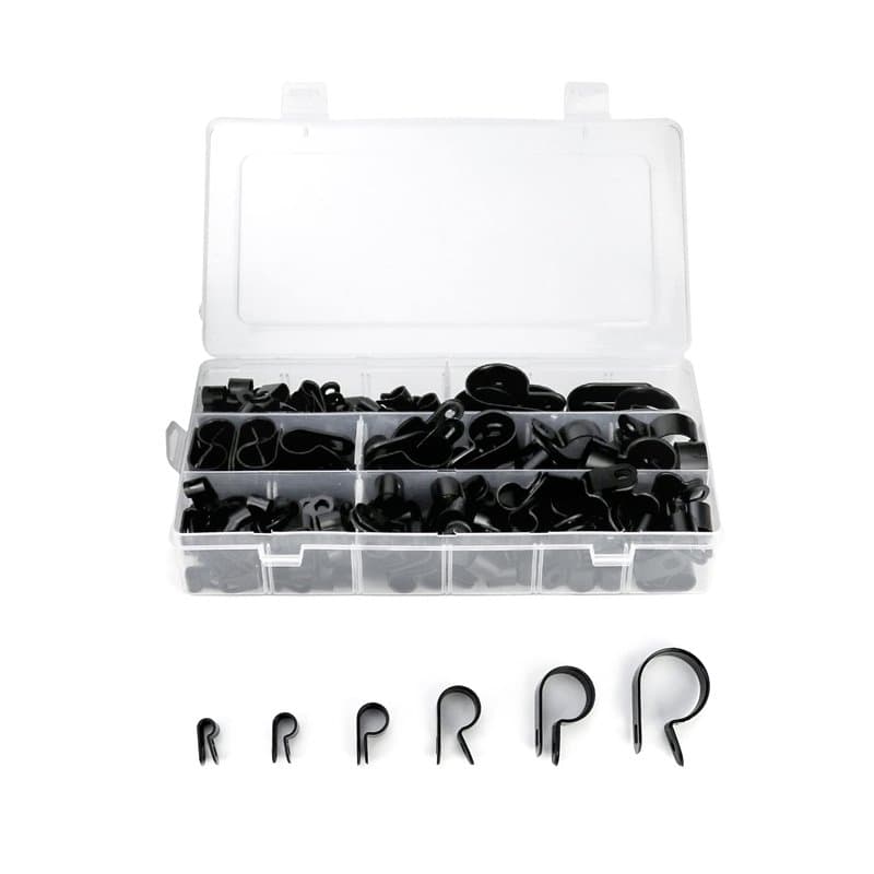 QWORK 200 Pièces Clips Cable P Clips en Nylon, Fixation Cable Electrique pour Conduits Câbles Tubes, Ø 5/6/9/12/19/28mm (Noir)