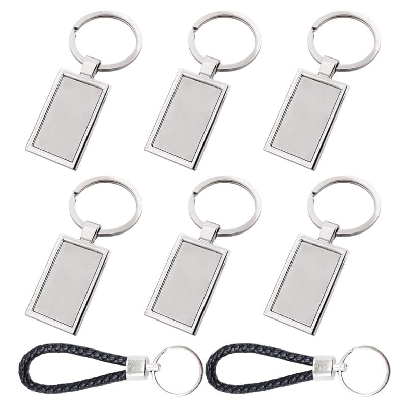 Lot de 6 porte-clés carrés, 2 porte-clés en corde de cuir, étiquette carrée vierge, étiquette de bagage en métal, anneau porte-c