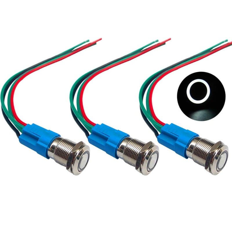 QitinDasen 3Pcs Premium 12V / 24V 3A Interrupteur à Bouton-Poussoir Momentané, Commutateur Bouton-Poussoir 12mm, Blanc LED Inter