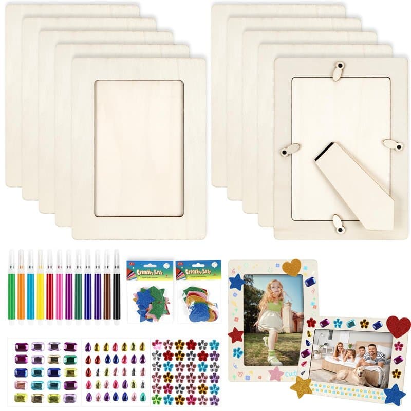 LUZIYUN 10 Pcs Cadres Photo en Bois 20x14.8cm, Cadre DIY Vierge avec Autocollants Strass, Étoiles et Cœurs, Projets Créatifs pou