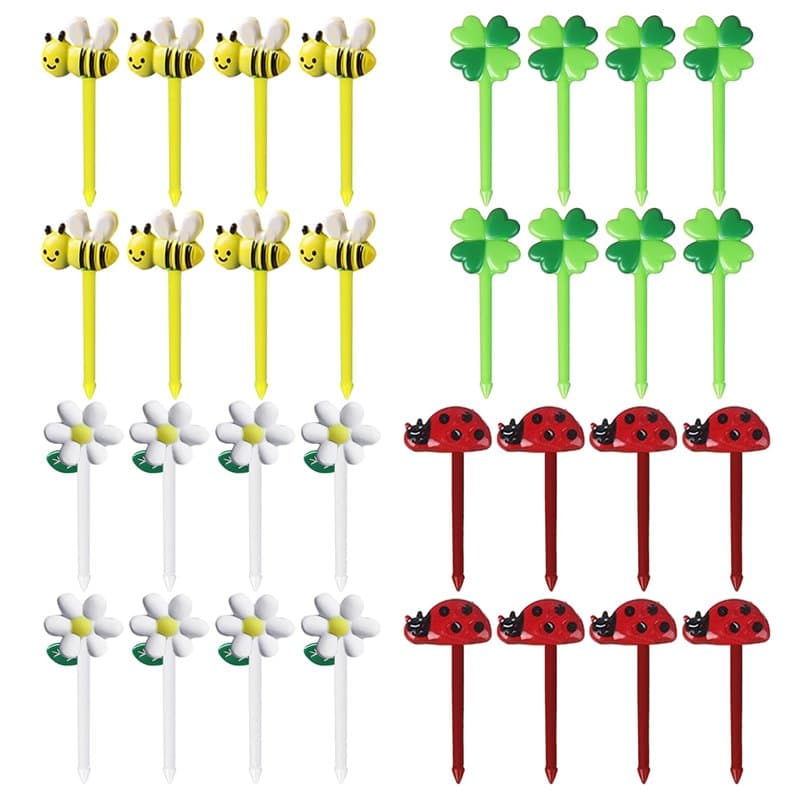 Lot de 32 pics à fruits mignons, cure-dents de dessin animé, fleurs, coccinelles, pics décoratifs, mini pics antidérapants