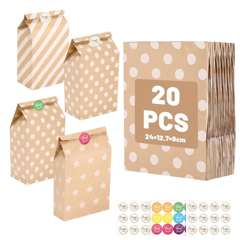 Ledebouk 20 Pièces Sac en Papier Kraft, Sachet Bonbons Anniversaire Colorés Sac Papier Cadeau avec 36 Autocollants Petit Cadeau