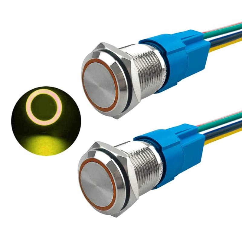 Aiqeer 2 Pièces 16 mm Commutateur Bouton-Poussoir Momentané, 12V / 24V 5A Interrupteur à Bouton-Poussoir en Acier Inoxydable Éta