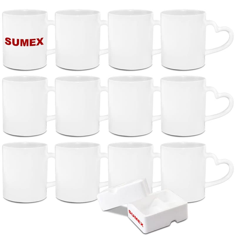 Sumex 11 oz Ensemble de 12 Blanc tasses à sublimation, Céramique Personnalisé Mugs et Tasses à café avec anse coeur pour Cadeau