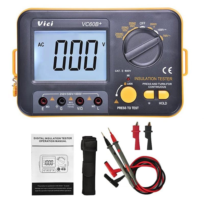 BE-TOOL Megger Megohm Meter VCB60+ Testeur de résistance d'isolement numérique 1000 V 0,1~2000 MΩ (noir + orange)