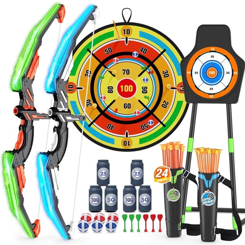 HYES 2 Pack Arc et Flèche Jouet pour Enfants, Kit de Tir à l'arc avec Lumières LED, Suction Cible Debout, 29'' Dart Board et Cib