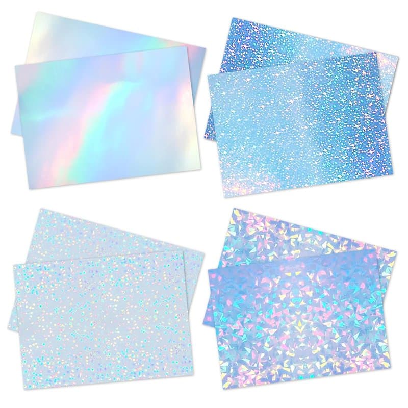 Lot de 8 feuilles d’autocollants,Papier Autocollant Holographique, Papier Transparent,format A4, 4 styles(Point, Étoile,fragment