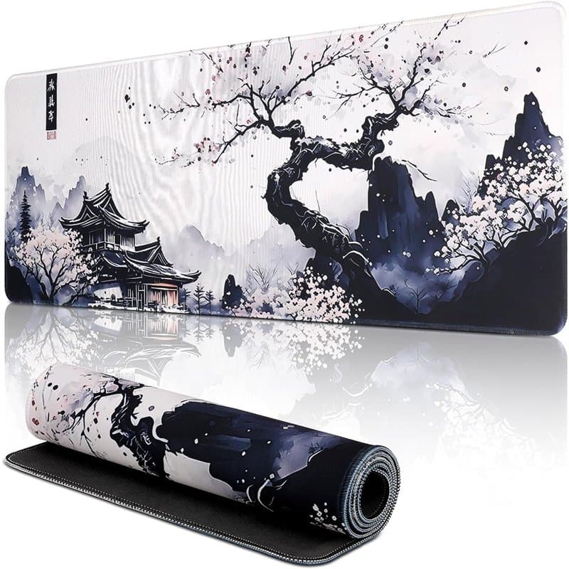 Mis.Moon Tapis de souris blanc japonais, tapis de souris XXL Gaming, grand tapis de bureau en fleurs de cerisier, tapis de clavi