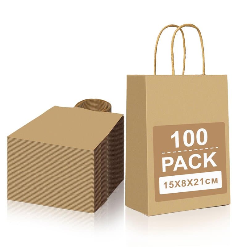 Gucass 100 Pcs Petit Sac en Papier Kraft avec Poignée, Marron Sac Cadeau 15x8x21cm, Pochette Papier Sacs Cadeaux, Sachet Kraft p