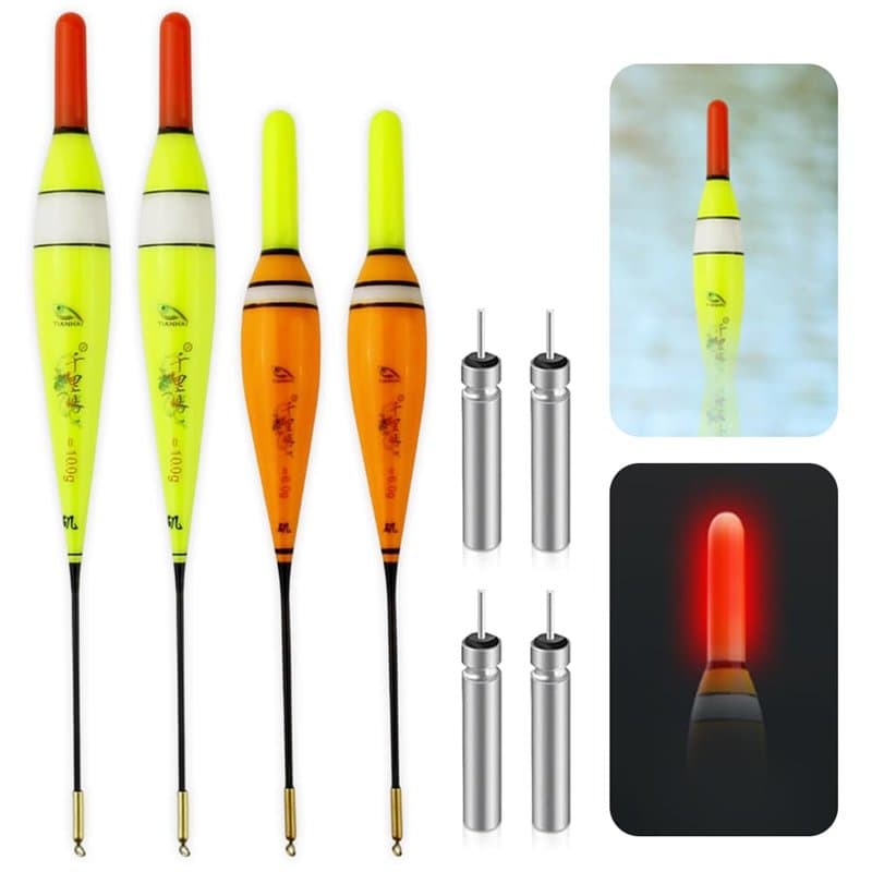 BNGXR 4 Pièces Flotteur PêChe, 6g/10g Bouchon Lumineux Peche, Flotteurs pour Pêche, Flotteur Lumineux de Pêche Nuit, avec Détect