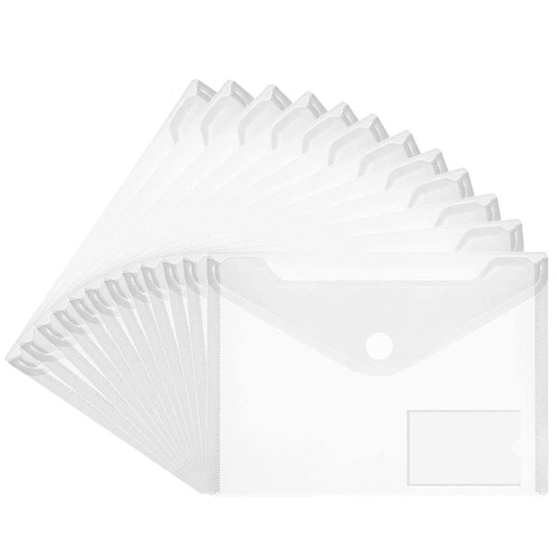 36Pcs Pochettes Porte Document A5, DECARETA Pochette Plastique Transparente avec Bouton Pression en Polypropylène Incolores Étan