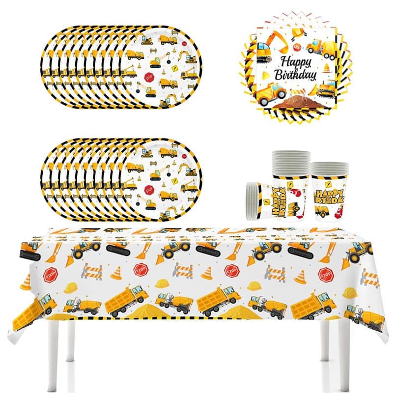 YINcrinx Vaisselle de fête pour camion de chantier,comprenant assiettes en papier,gobelets,nappes,serviettes,fêtes d'anniversair