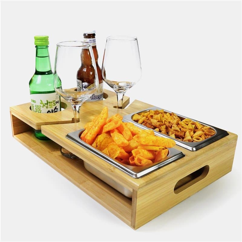 Plateau Bois, Plateau de Service Porte-Verre à Vin, Plateau Repas avec 2 Bols à Collation en Acier Inoxydable, Plateau Aperitif
