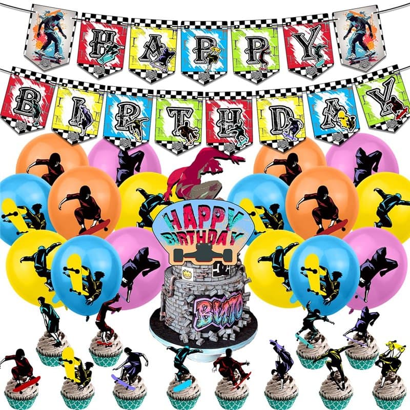 Décoration d'anniversaire Skateboard,Doyomtoy 30 Pièces Ballons de fête Skateboard Cake Toppe pour Fête à Thème Skateboard pour