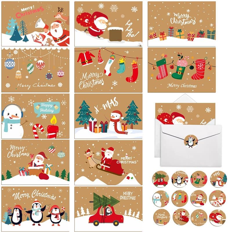 MUXIWOM Carte de Noel avec Enveloppe, 24 Pièces Carte Noel, A6 Cartes de Noel Pliées, Carte Postale Noel, Carte Joyeux Noel, Car