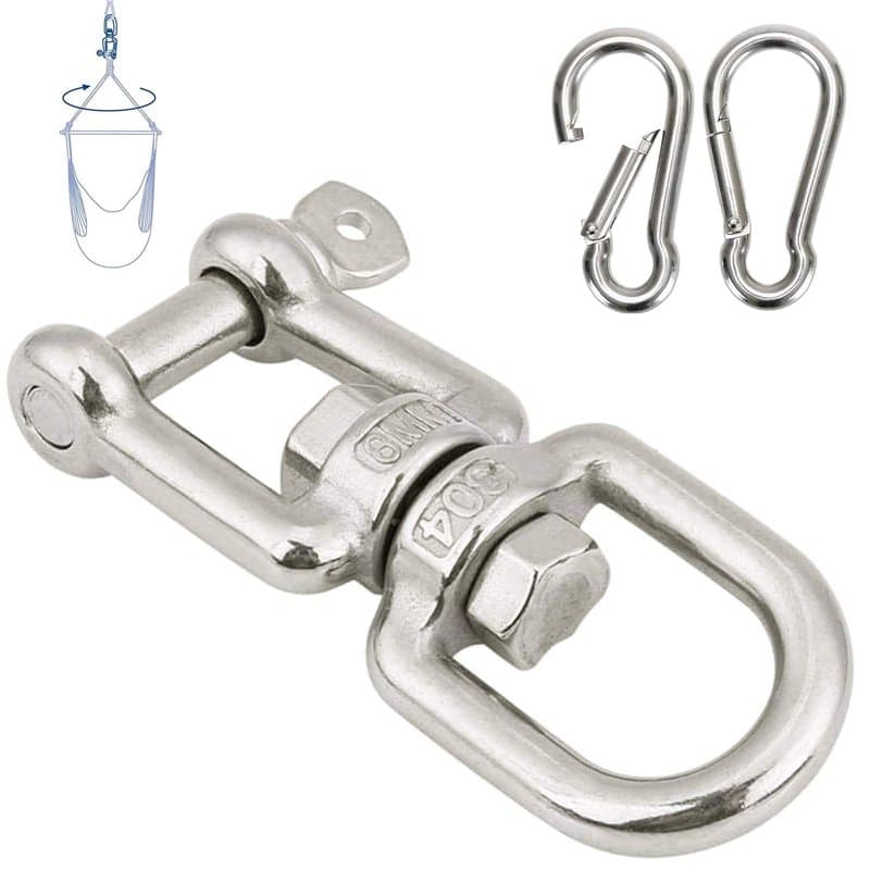 WZYTEU Anneau Pivotant, M8 Crochet Balancoire en Acier Inoxydable 304 + 2 M8 Mousqueton Balancoire pour Chaise Hamac Balançoire