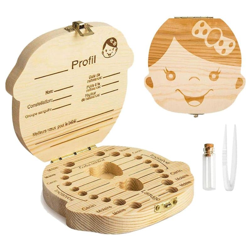 GeekerChip boîte pour dents de lait(fille) cadeau pour enfants en bois de souvenir,boîte en bois pour ranger les dents[Version f