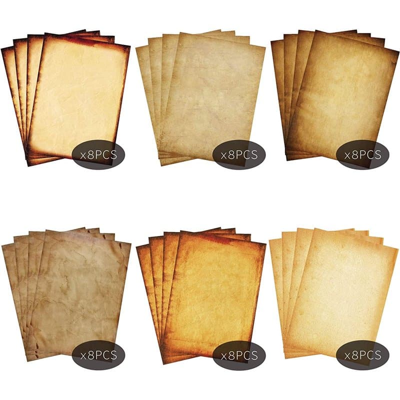 Lot de 48 feuilles de papier parchemin imprimé de couleur antique, papeterie vintage pour travaux manuels, invitations, carte, 2