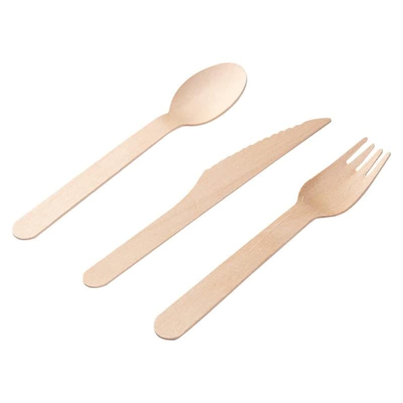 Ensemble de couverts jetables, Couverts en bois 150 pièces (50 couteaux en bois, 50 fourchettes en bois, 50 cuillères en bois)