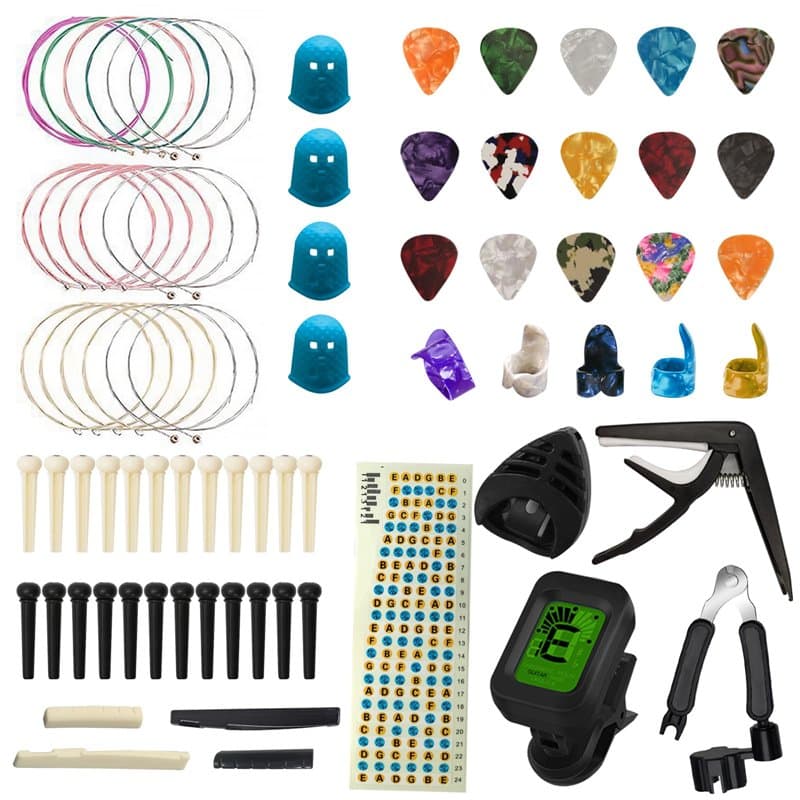 Kit Accessoire Guitare Acoustique, TTCR-II 75 Pièces avec Capodastre, 15 Mediator Guitare,3 set Cordes, Accordeur, Mediator Pouc