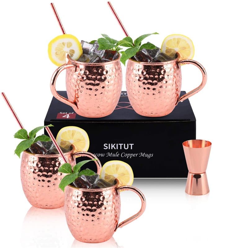 SIKITUT Set of 4 Moscow Mule Tasse Cuivre, Verres à Cocktail Artisanales, Moscow Mule Mugs 550 ml avec BONUS : 4 Pailles en Cuiv