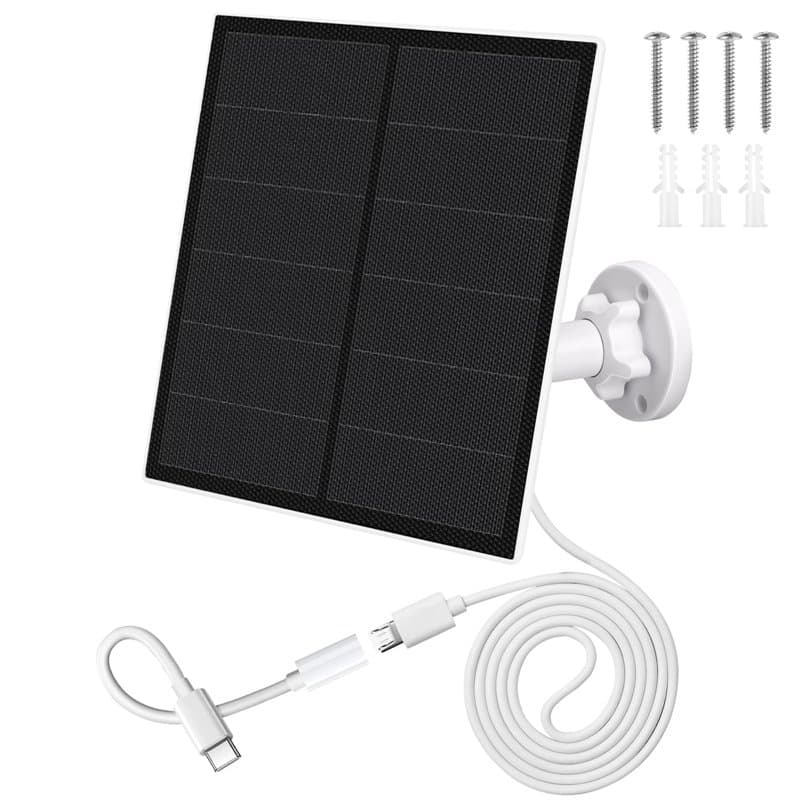 Panneau Solaire 5W pour Caméra Extérieure, Panneaux Solaires avec Port Micro USB & USB-C, 9.8ft Cable, 360° Support de Sécurité
