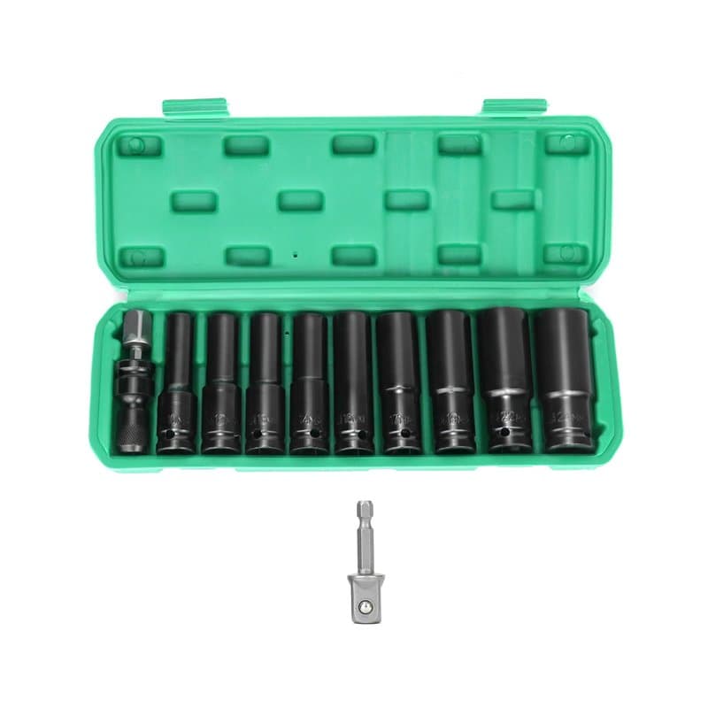 QWORK® 11 Pièces Douilles à Chocs 1/2 Pouce avec Adaptateur Douille, Coffret Douille Hex Longue 10/12/13/14/15/16/17/19/22/24 mm