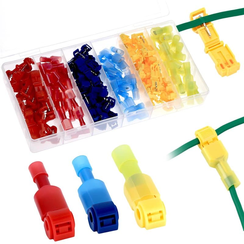 QWORK® kit de 120 bornes de fil T-Tap, cosse electrique T-connector rapide, kit de cosses à fourche, avec étui de rangement pour