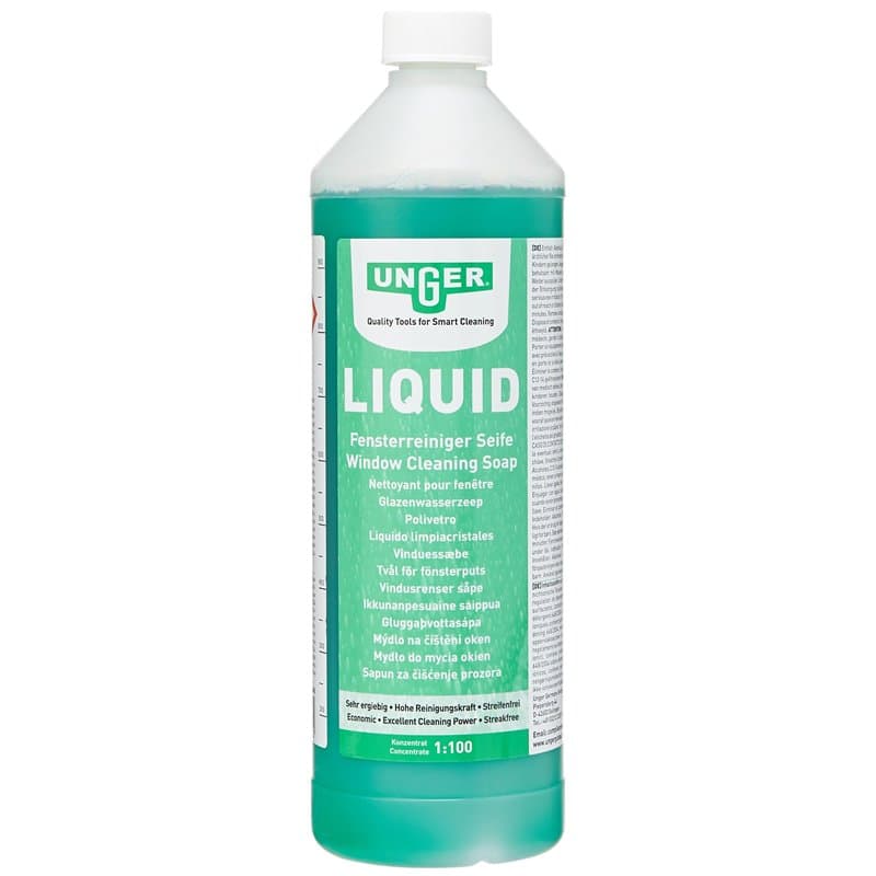 UNGER Nettoyant pour vitres Liquid UNGER (1 litre, concentré, rapport de mélange 1:100, pH neutre, fenêtres sans traces, bouchon