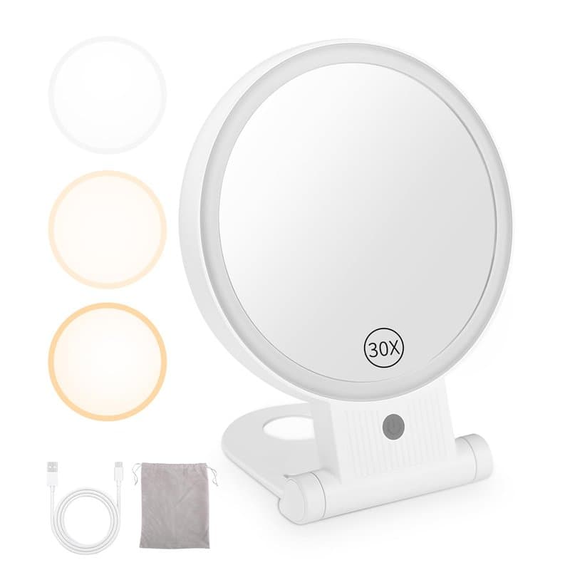 LEAZZLE Miroir grossissant avec lumière 30X,Miroir Maquillage Grossissant Lumineux,Miroir grossissant éclairé Rechargeable,Miroi