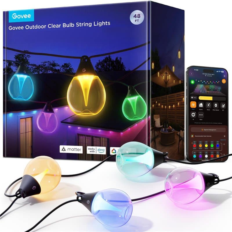 Govee Guirlande Lumineuse d'Extérieur, 15m RGBWIC à Intensité Variable, 16 Million de Couleurs et 111 Modes Scène, 80lm par LED,
