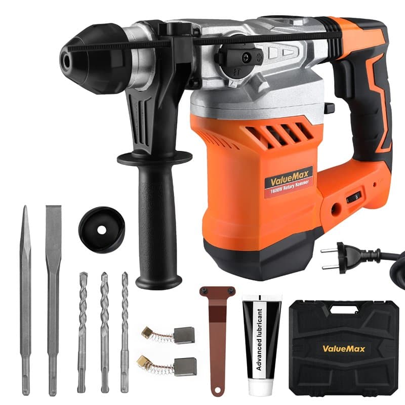 ValueMax Marteau Perforateur Electrique 1600W, Perceuse à Percussion 3 en 1, Poignée Rotative 360°, 3 Forets SDS Plus, Perforati