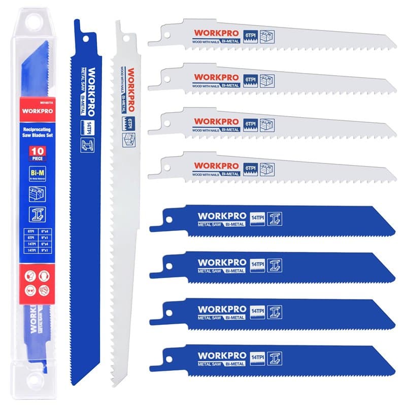 WORKPRO Lames de Scie Sabre 10 Pièces BIM 14/6 TPI Lame de Scie Sabre pour Métal et Bois, avec Boîtier d'Organisateur