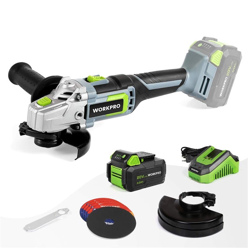 WORKPRO Meuleuse d'angle Electrique sans Fil 20V avec Batterie 4,0Ah, Ø125mm, Léger avec 5 Disques à Tronçonner, 2 Capots de Pro