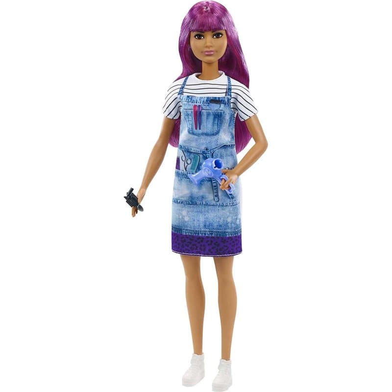 Barbie Métiers poupée Coiffeuse aux Cheveux Violets, Tablier tie & Dye, t-Shirt rayé, sèche-Cheveux et Peigne, Jouet pour Enfant