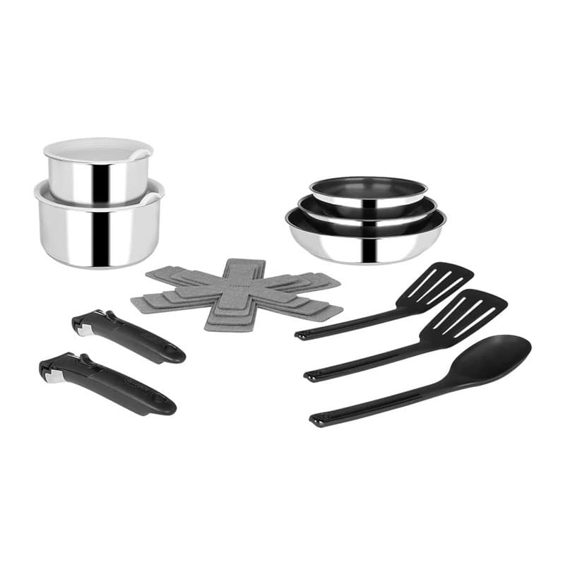 Sitram, batterie cuisine inox, 15 pcs, 2 casseroles 2 couvercles, 3 feutrines, 2 spatules, 1 cuillère en nylon, 2 poignées amovi