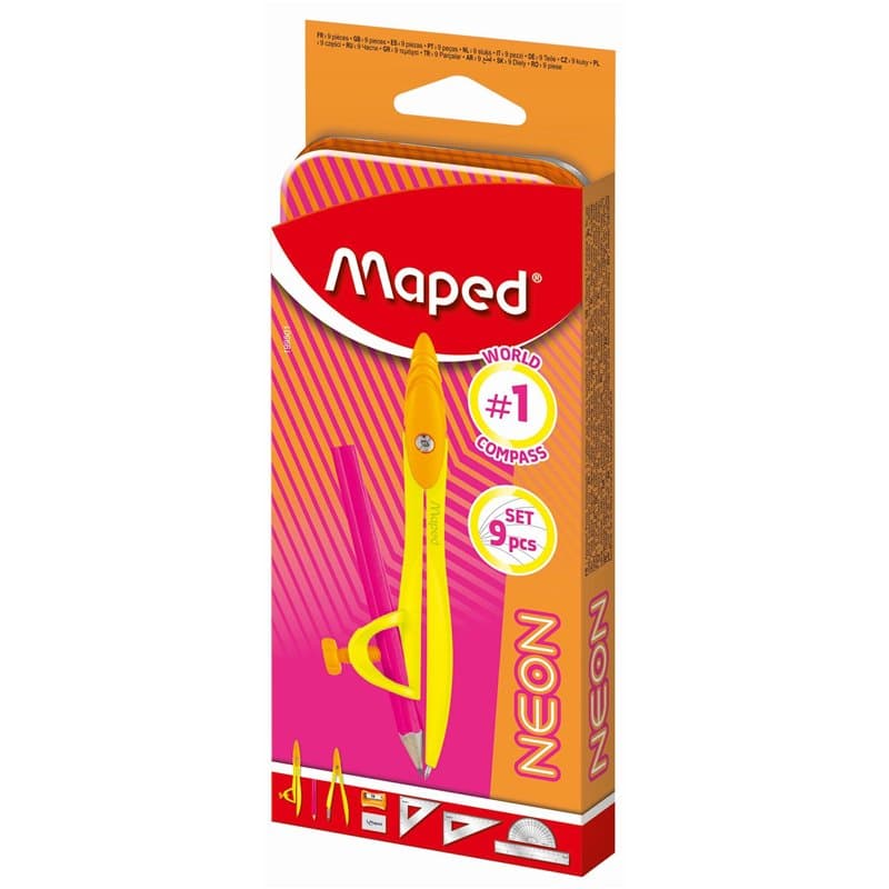 Maped - Set Complet de Géométrie et Mathématiques - 2 Compas (Bague et Mine), Règle 15cm, Rapporteur 180°, Équerres, Gomme, Tail