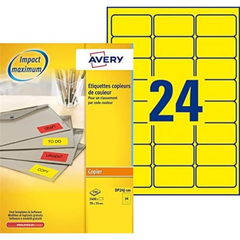 AVERY - Boite de 2400 étiquettes autocollantes jaunes fluo multi-usages, Format 70 x 35 mm, Impression copieur, (DP24J-100)
