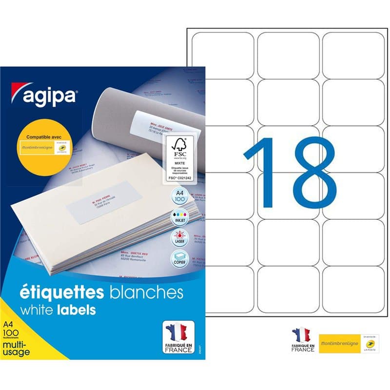Agipa 100981 Lot de 1800 Etiquettes multi usage coins arrondis 63,5 mm x 46,6 mm Blanc