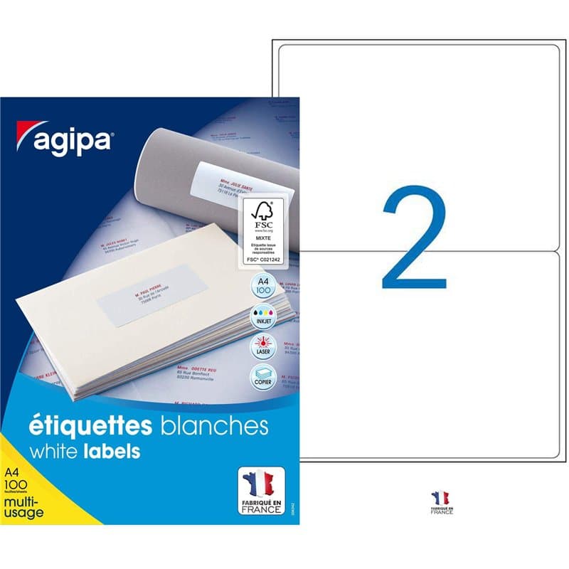 Agipa 101310 Lot de 200 Etiquettes multi usage coins arrondis 199,6 x 144,5 mm Blanc