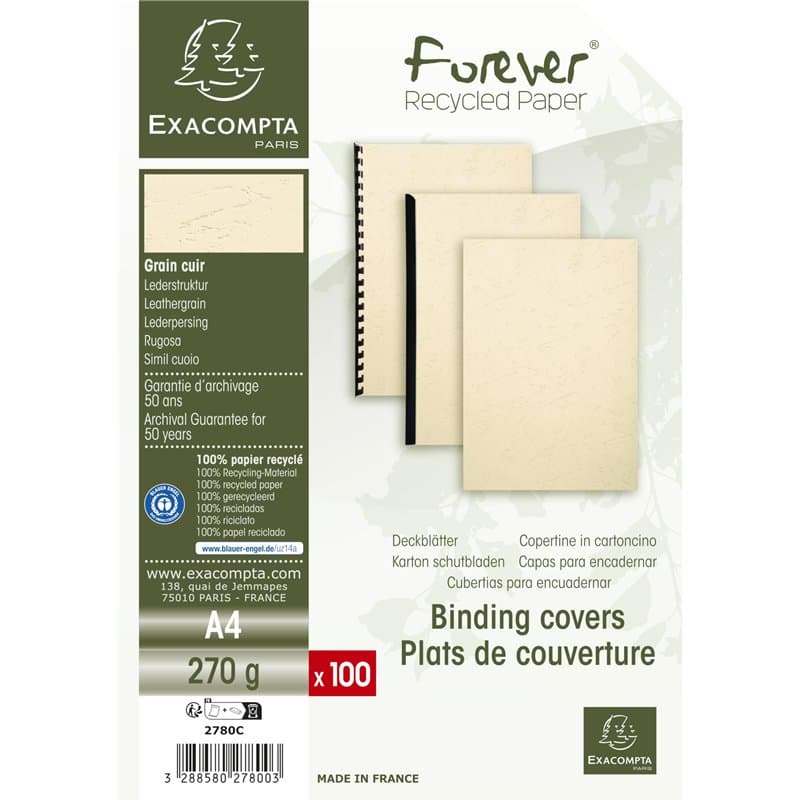 Exacompta - Réf 2780C - Paquet de 100 plats en carte rigide grain cuir 270g/m2 pour couvertures Forever - format à classer A4 -