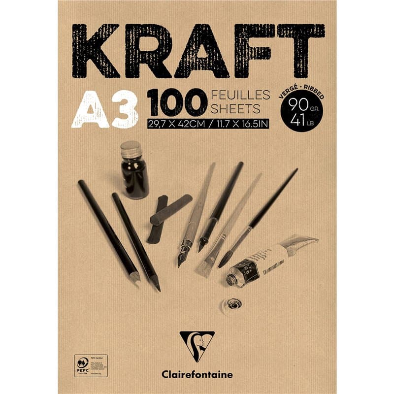 Clairefontaine 96546C Bloc Encollé Papier Kraft - 100 Feuilles Papier Kraft Vergé Brun A3 29,7x42 cm 90g - Papier Double Face po
