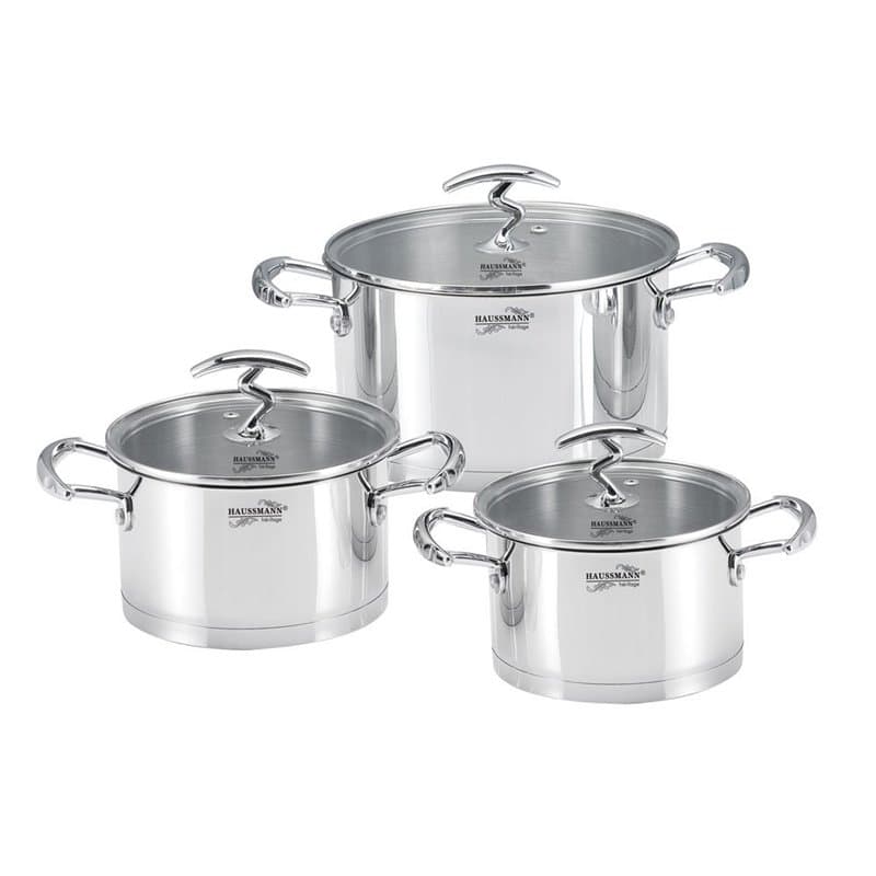 HAUSSMANN heritage- 6 Piéces Marmite/Faitouts en acier inox avec couvercles en verre-20/22/24cm-Haute Qualité - tous feux dont I